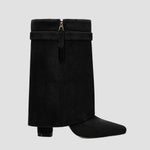 Black tall boots with front zipper, cuff strap buckle, and block heel