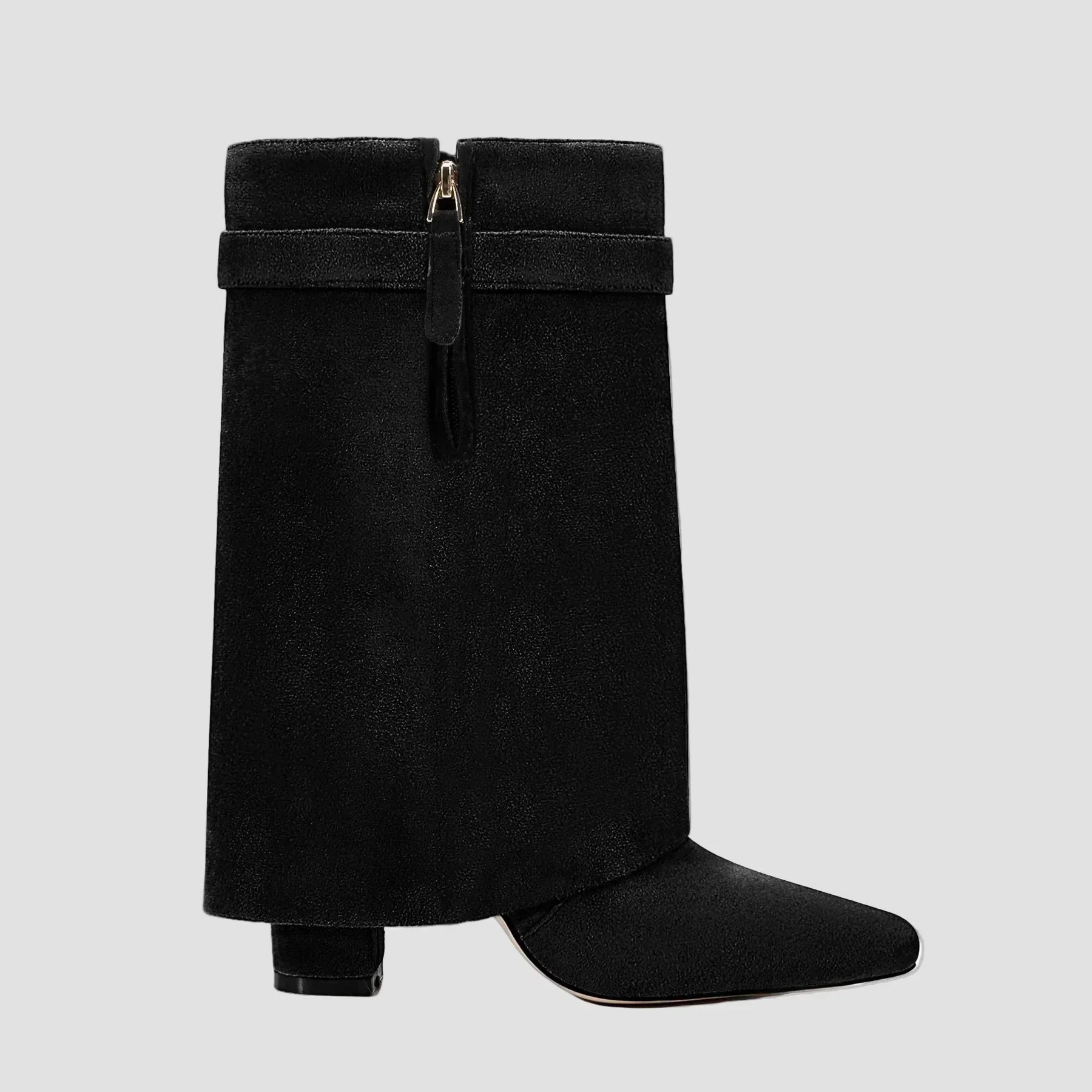 Black tall boots with front zipper, cuff strap buckle, and block heel