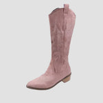 Pink suede cowboy western boots with stitched pattern, pull-on, low block heel