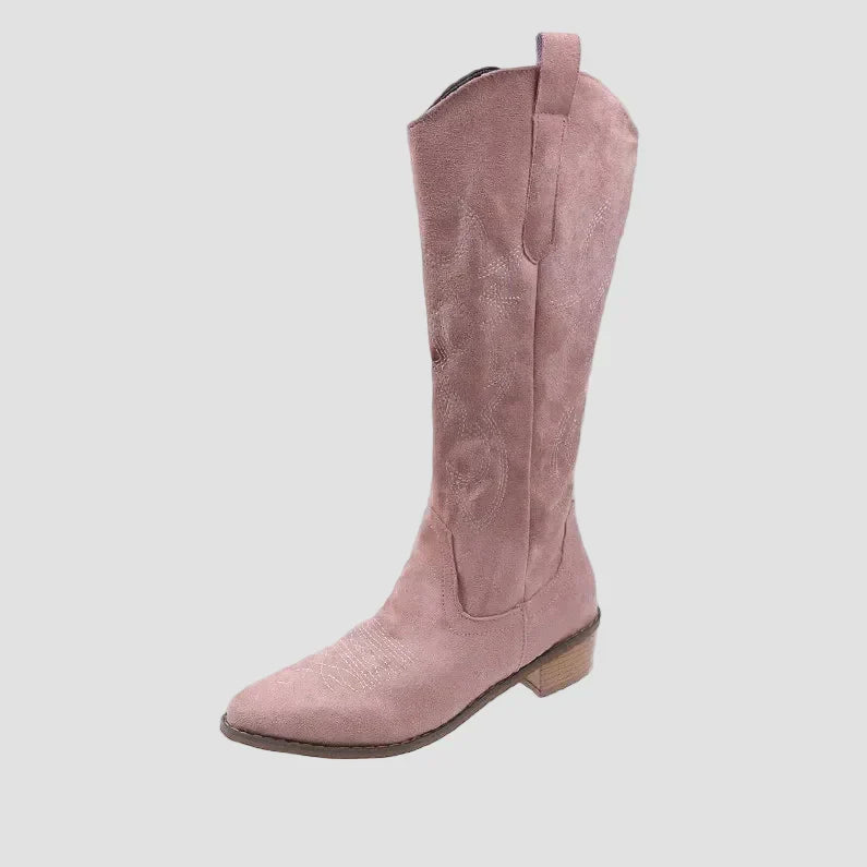 Pink suede cowboy western boots with stitched pattern, pull-on, low block heel