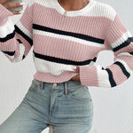 Oversized knit sweater in pink and off-white with black horizontal stripe