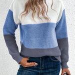 Color-block knit sweater, crew neck, long sleeves; white, light blue, and dark gray panels.