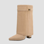 Tan tall boots with wide cuff, block heel, and front buckle strap