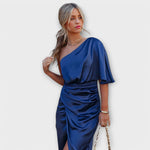 Royal blue one-shoulder satin evening dress with draped waist and side slit