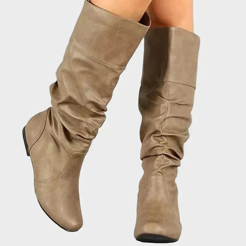 Vasia tall casual boots, khaki, ruched shaft, low heel and pull-on
