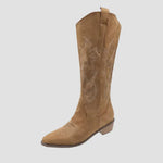 Tan suede cowboy western boots with stitched floral-star pattern, pull-on, low heel