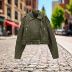Dark green cropped biker jacket with zip pockets, belt hem, and long sleeves
