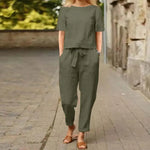 Lili linen two-piece set in olive green: short-sleeve top with tied waist and cropped pants