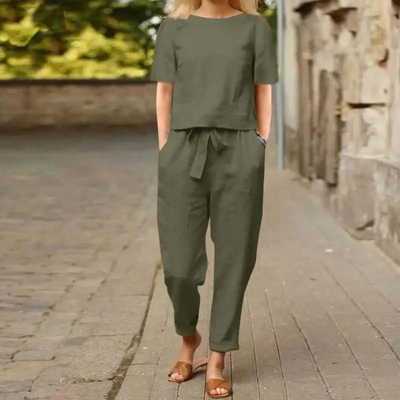 Lili linen two-piece set in olive green: short-sleeve top with tied waist and cropped pants