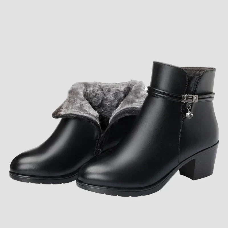 Black ankle boots with faux fur cuff, side zipper, and chunky block heel