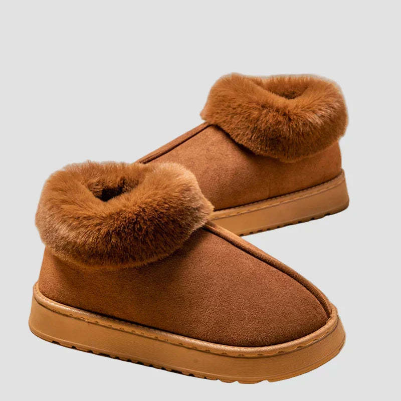 Georgia home slippers in warm brown suede with thick brown faux-fur cuff and slip-on design