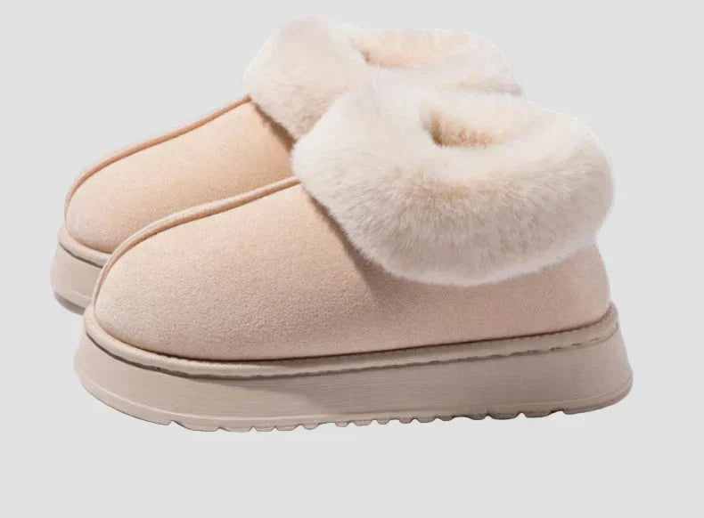Georgia light beige suede home slippers with cream faux-fur cuff and slip-on sole
