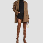 Brown knee-high heeled boots with leather-look finish, pointed toe, block heel