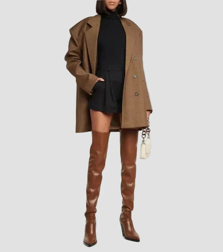 Brown knee-high heeled boots with leather-look finish, pointed toe, block heel