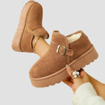 Nicoleta suede-look warm ankle boots with faux fur lining, buckle strap and chain detail, tan