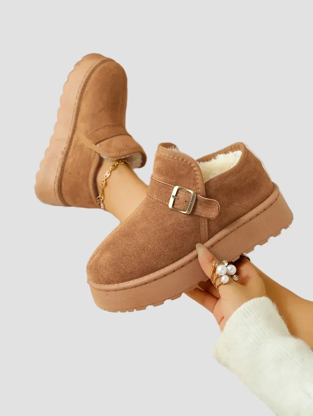 Nicoleta suede-look warm ankle boots with faux fur lining, buckle strap and chain detail, tan