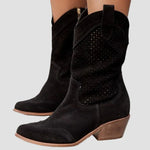 Black cowboy ankle boots with perforated panels and low block heel