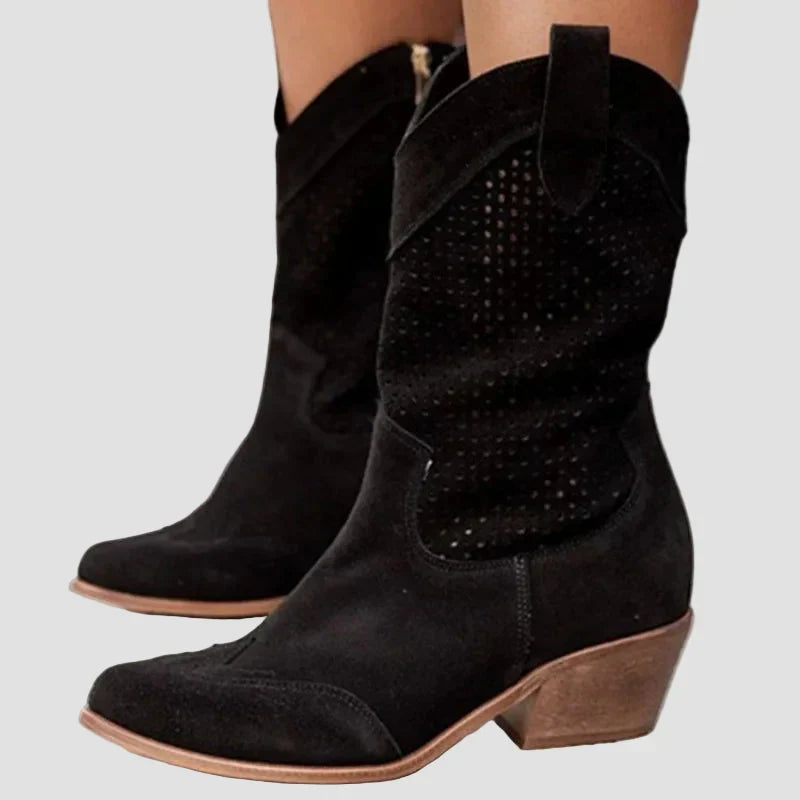 Black cowboy ankle boots with perforated panels and low block heel