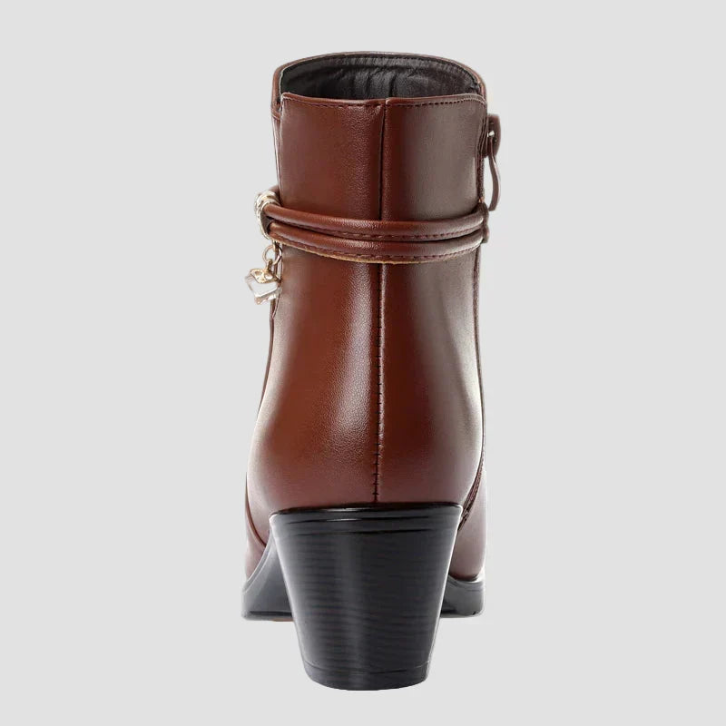 Brown ankle boots rear view with block heel and side zipper pull tab