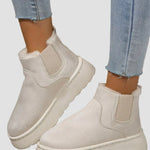 Beige winter ankle boots with elastic side gore and faux-fur lining, thick sole