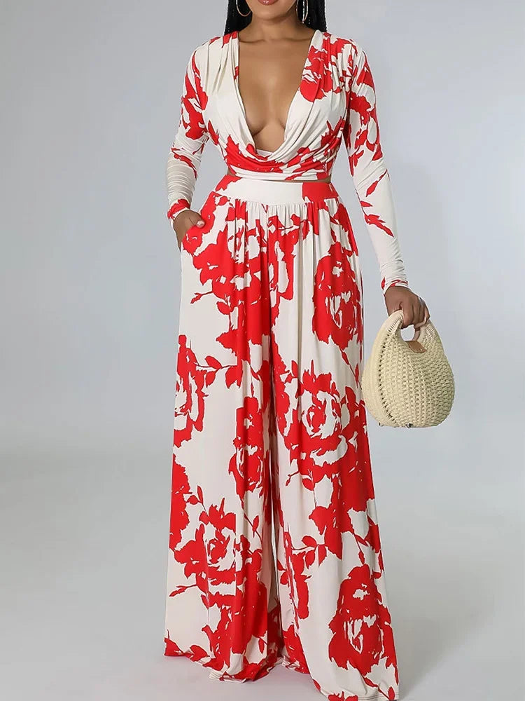 Red & white floral wrap top with wide-leg matching pants