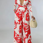 Red & white floral wrap top with wide-leg matching pants
