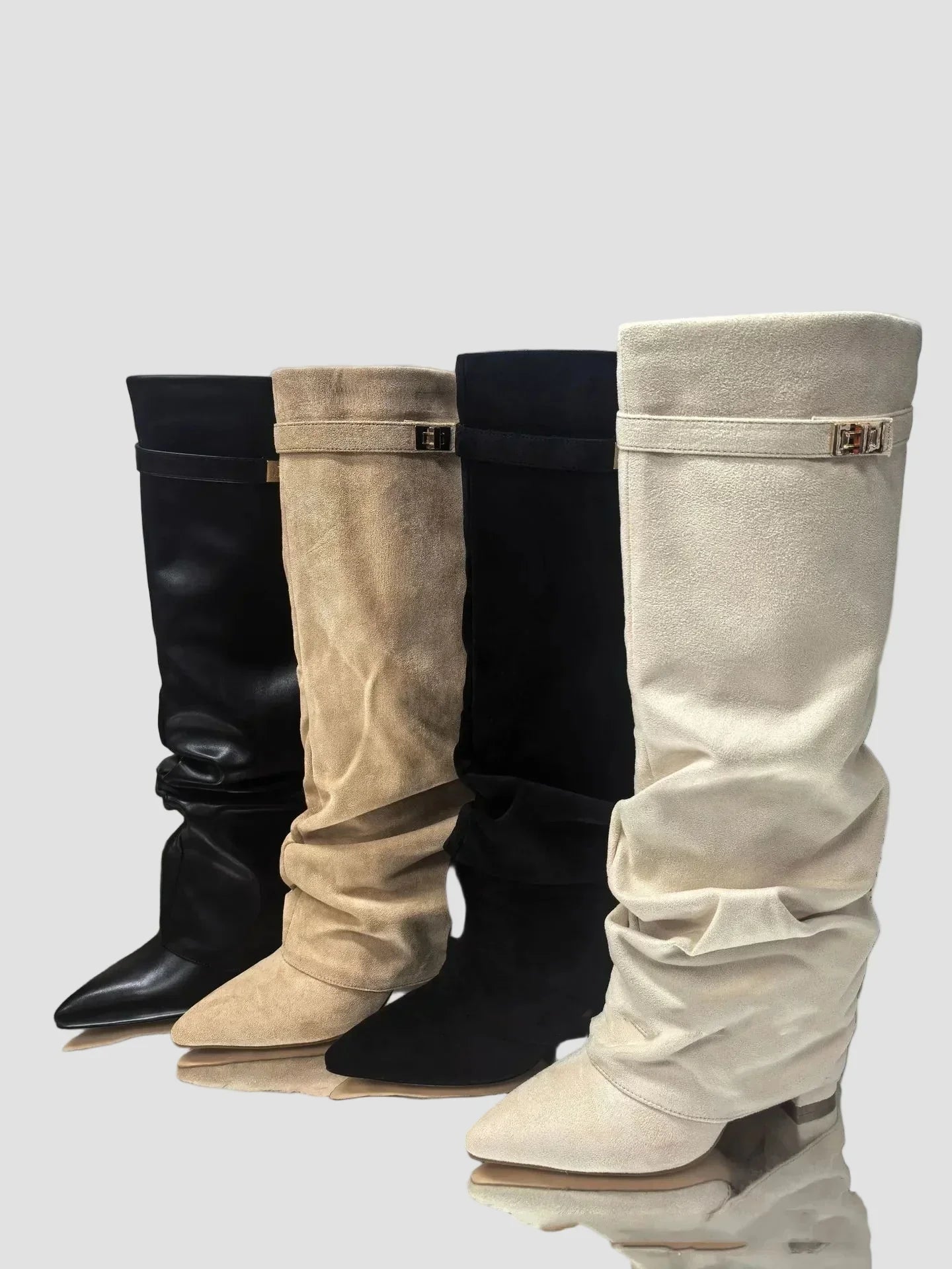 High boots set: black, beige, and cream with decorative side buckle straps