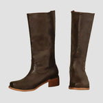Brown tall pull-on equestrian boots with block heel and round toe