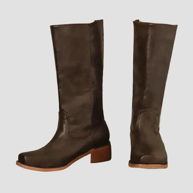 Brown tall pull-on equestrian boots with block heel and round toe