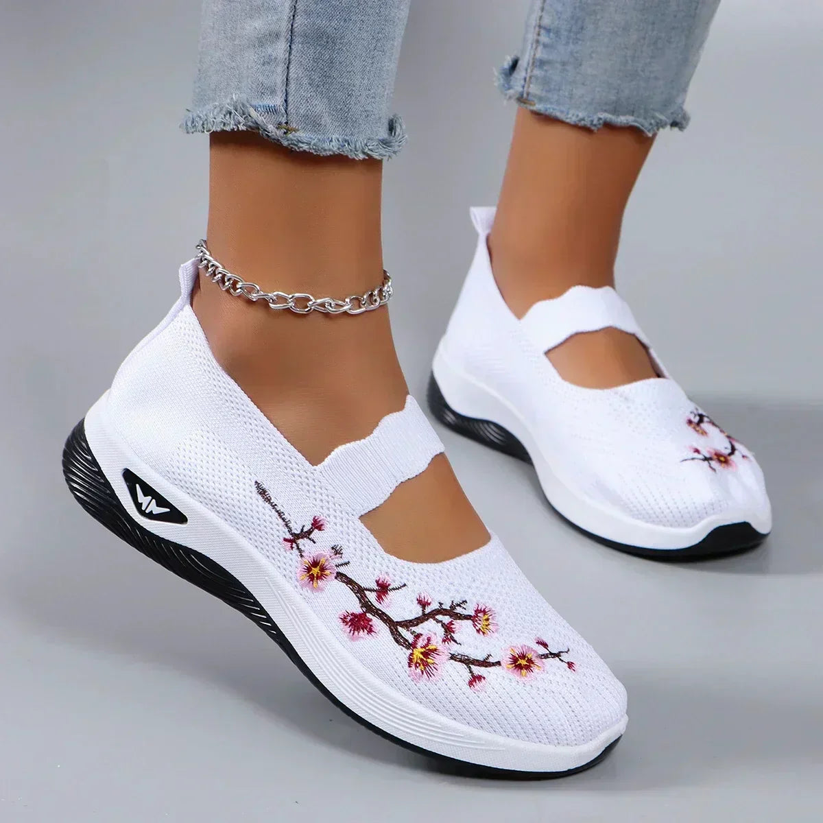 White knit summer slip-on orthopedic shoes with ankle chain strap and floral embroidery