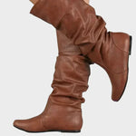 Vasia tall casual boots, brown, ruched shaft, low heel and pull-on