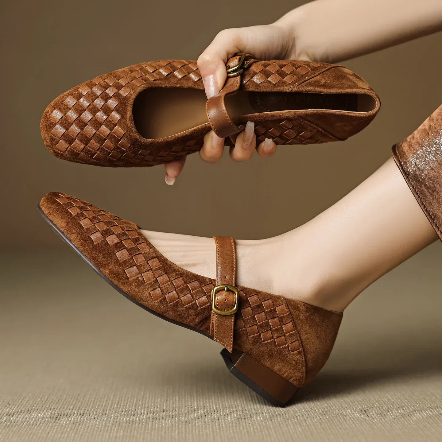 Brown woven leather slingback sandals with adjustable ankle strap and gold buckle