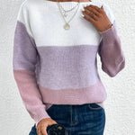 Color-block knit sweater, crew neck, long sleeves; white, lavender-lilac, and plum panels.