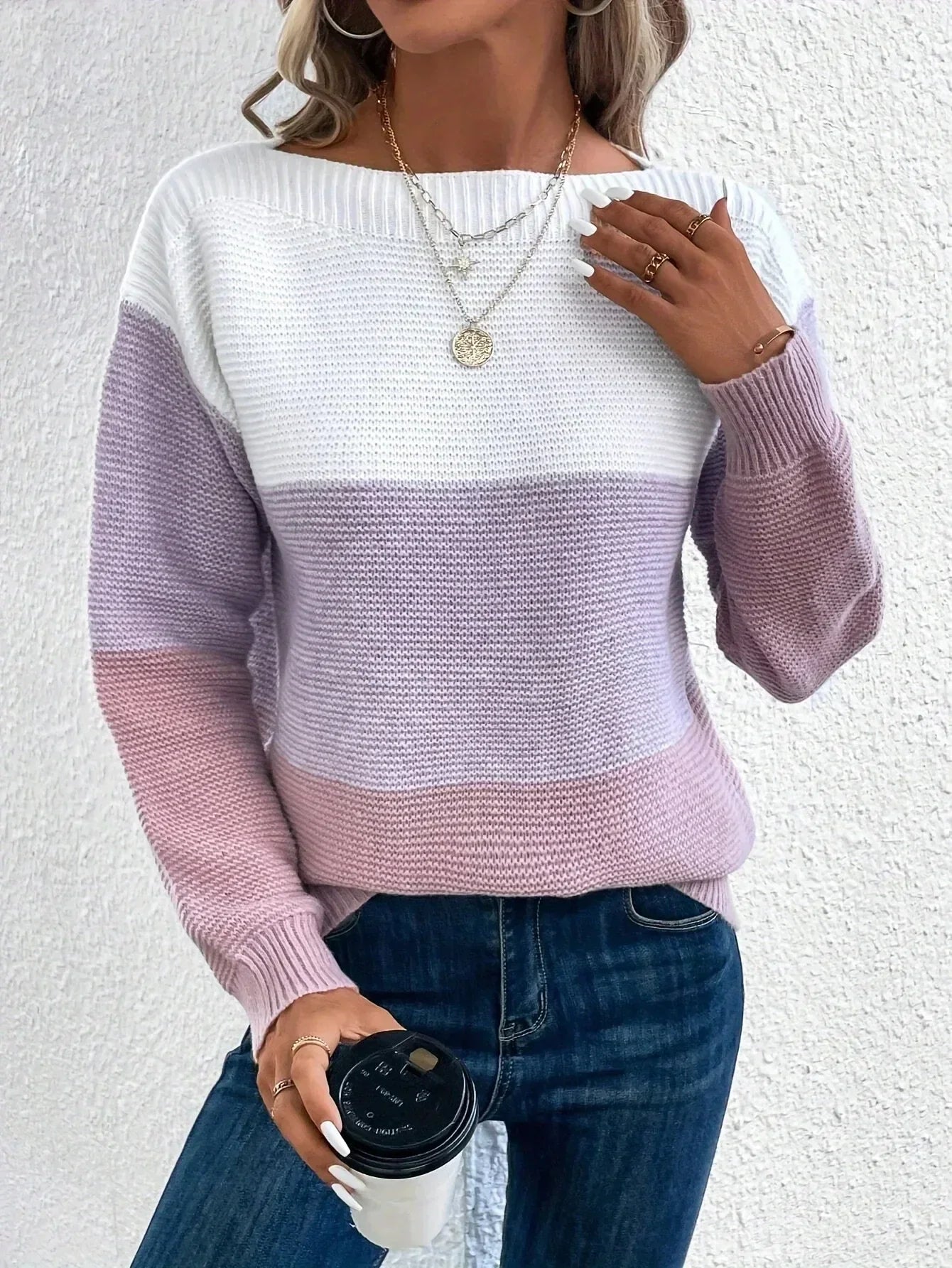 Color-block knit sweater, crew neck, long sleeves; white, lavender-lilac, and plum panels.