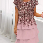 Gabriella pink tiered dress, V-neck short sleeves with sparkly speckled bodice