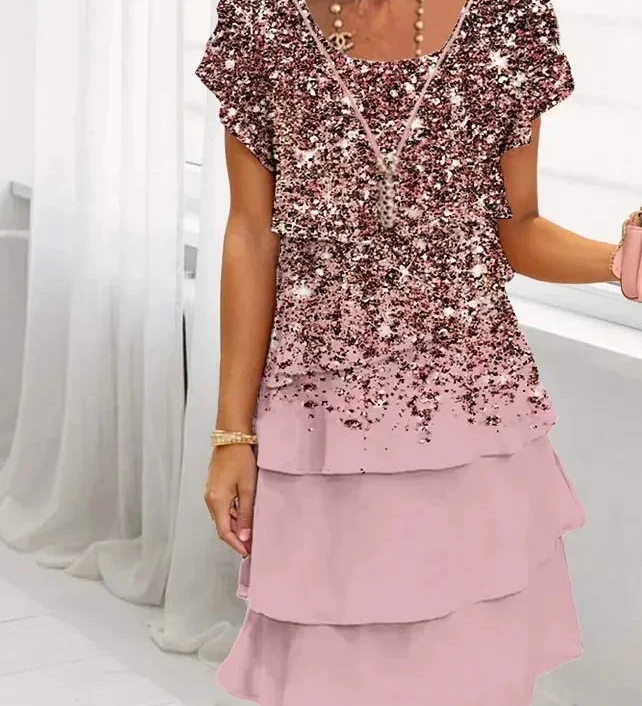 Gabriella pink tiered dress, V-neck short sleeves with sparkly speckled bodice