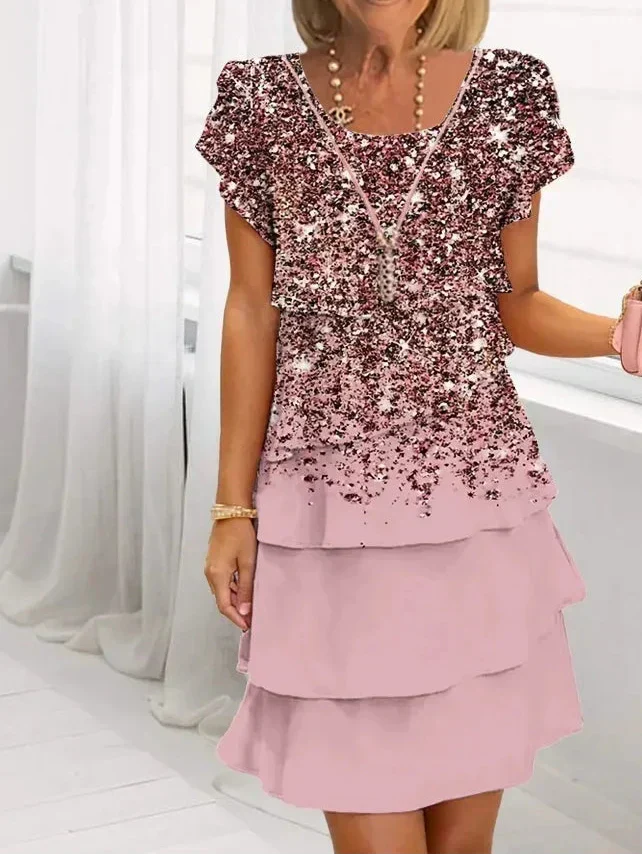 Gabriella pink tiered dress, V-neck short sleeves with sparkly speckled bodice