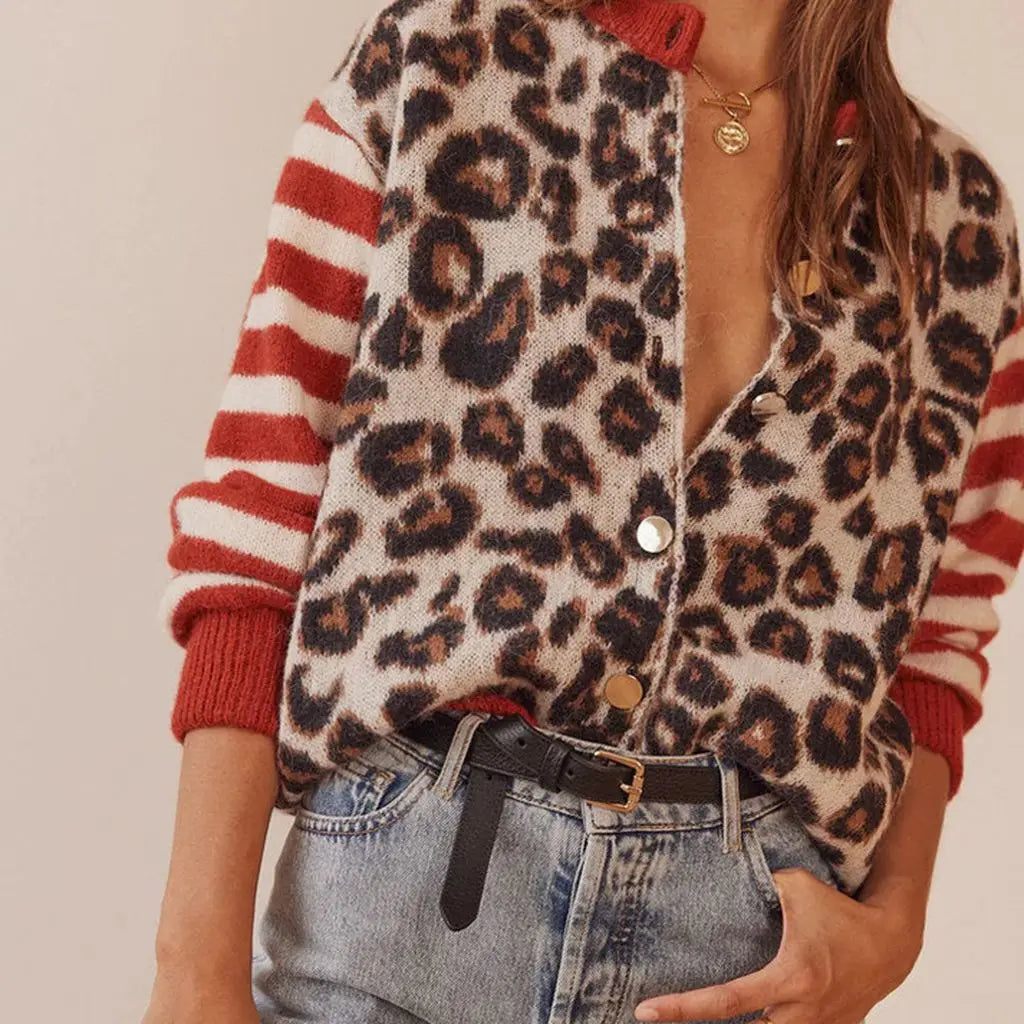 Leopard print cardigan with red-and-white striped sleeves and button front