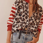 Leopard print cardigan with red-and-white striped sleeves and button front