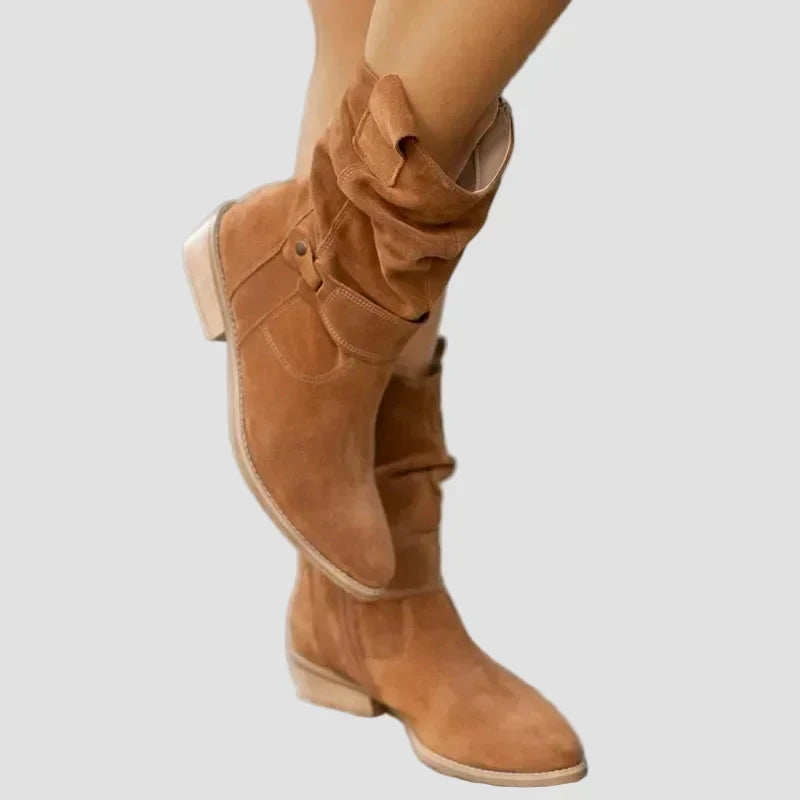 Light brown suede ankle boots with side zipper and adjustable cuff strap