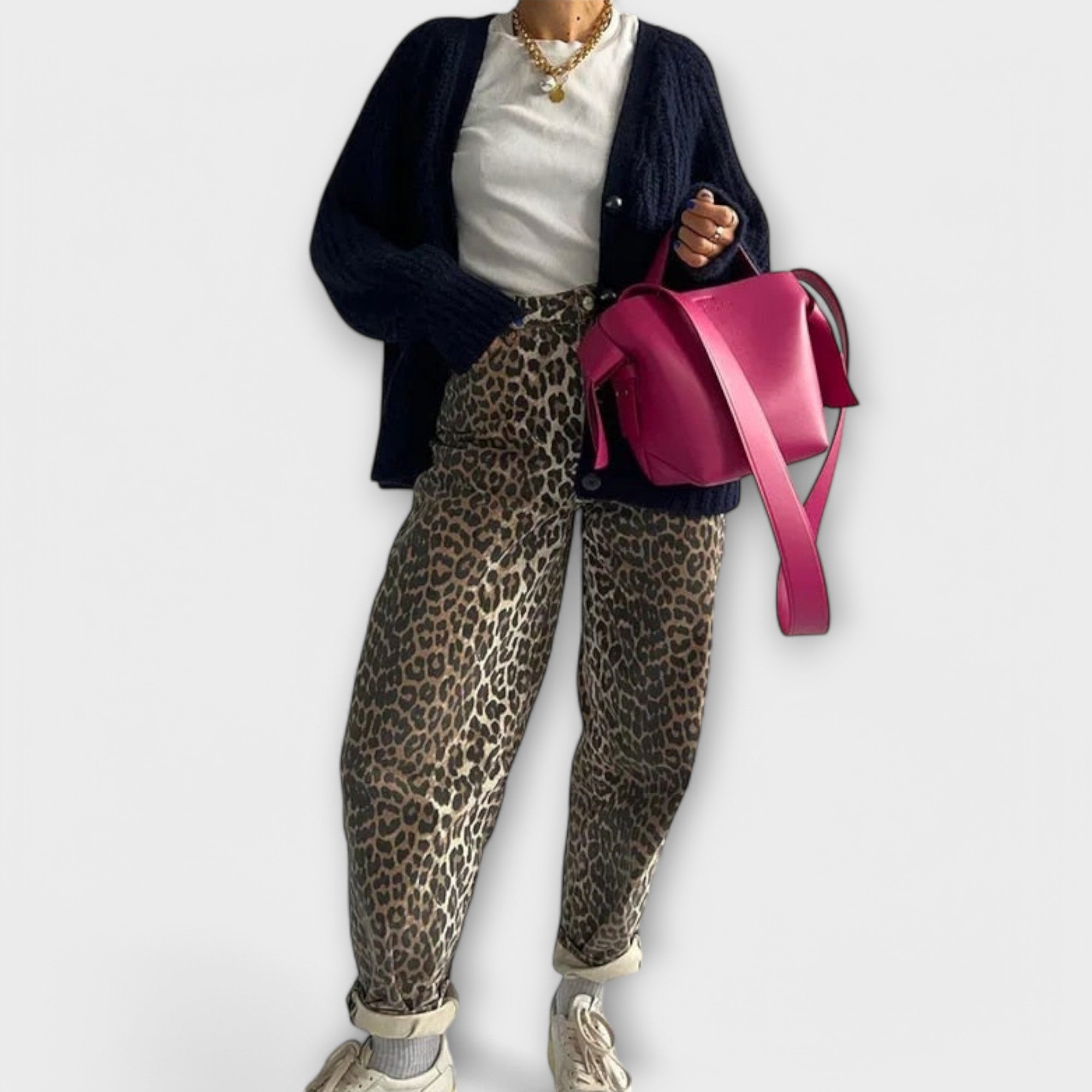 Leopard print vintage jeans with tapered legs and button fly