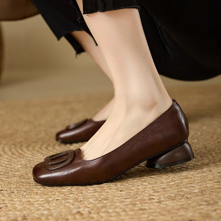 Brown soft leather ballet flat with round buckle strap, low stacked heel