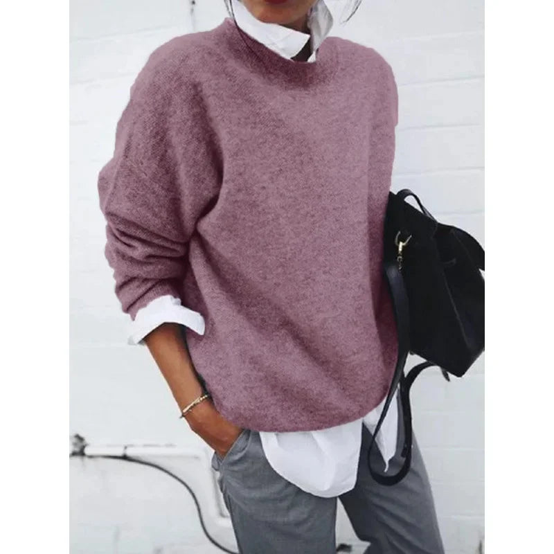 Mauve crewneck pullover sweater with long sleeves, relaxed fit