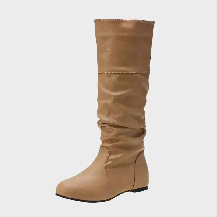 Vasia tall casual boots, khaki tan, ruched shaft and low heel