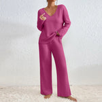 Vivienne two-piece knit set with V-neck long-sleeve top and wide-leg straight pants, pink