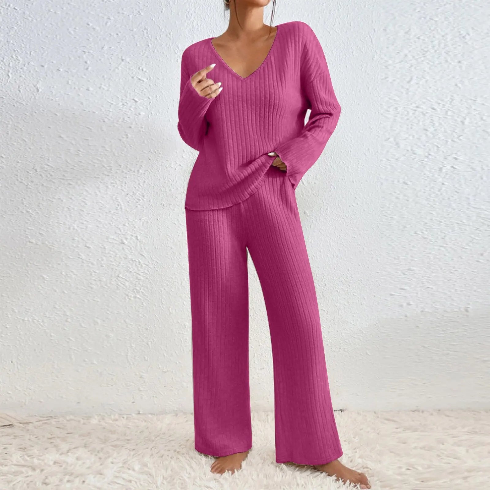 Vivienne two-piece knit set with V-neck long-sleeve top and wide-leg straight pants, pink
