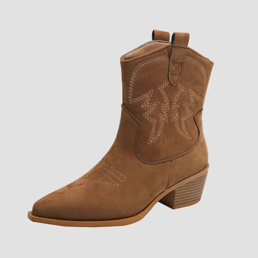 Tan western embroidered ankle boots with side pull tabs and low stacked heel