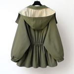 Two-tone parka jacket from back, olive green with gathered waist and hood