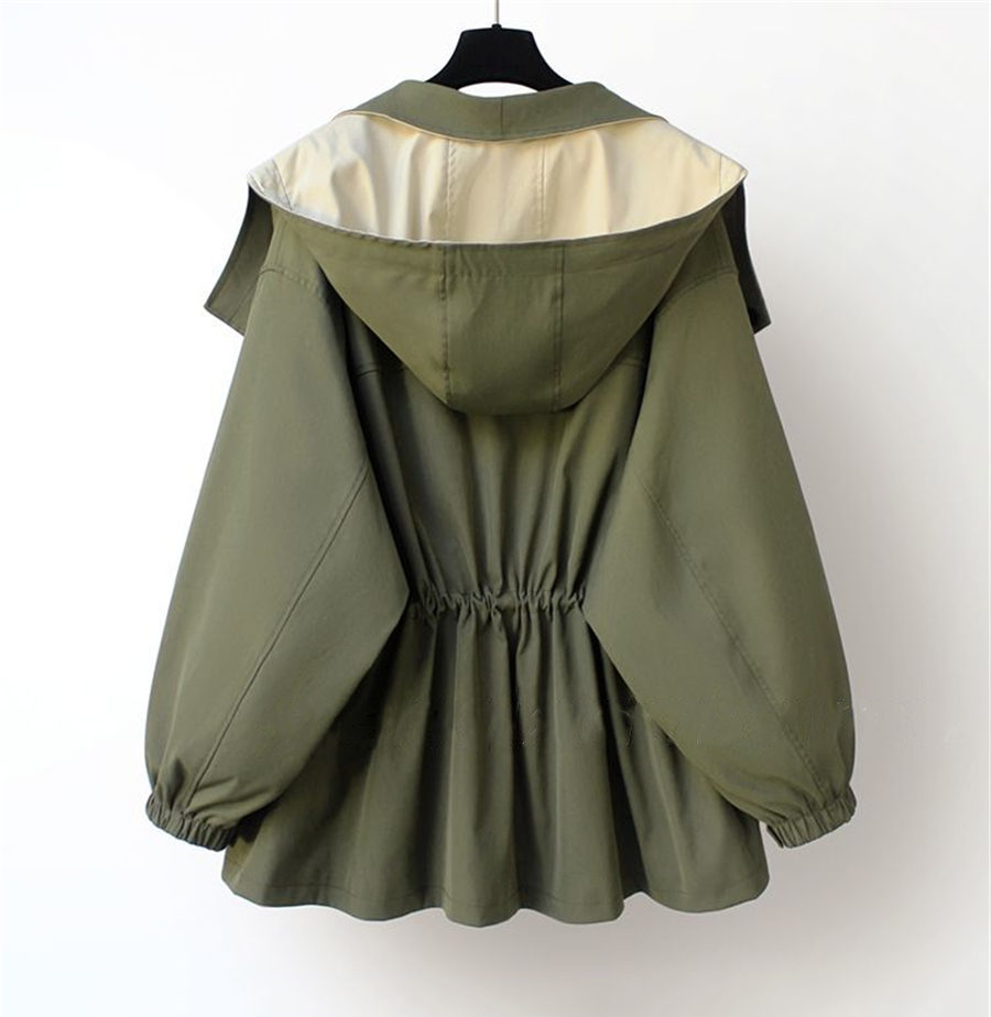 Two-tone parka jacket from back, olive green with gathered waist and hood