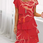Red striped tiered shift dress with cap sleeves, crew neckline, layered skirt